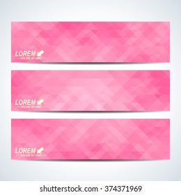 Set of vector banners. Background with pink triangles. Web banners, card, vip, certificate, gift, voucher. Modern business stylish design