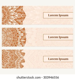 Set of vector banners backgrounds. Abstract mandala templates. Ethnic art theme