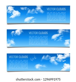 Satz von Vektorbannern mit blauem Himmel und realistischen Wolken. Vorlage für Ihr Design