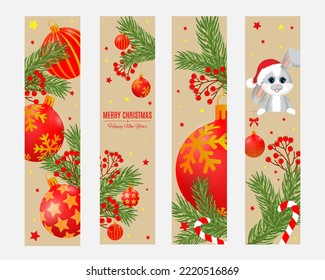 Conjunto de banners vectoriales, marcadores. Feliz Año Nuevo con ramas de árboles de navidad, conejo, liebre y bolas. Se puede usar fondo, volantes, afiches, tarjetas, portadas.
