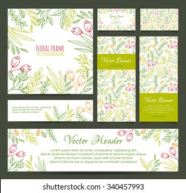 Set of vector banners, business card, frame, invitations and headers in the same floral line style