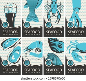 Set of vector banners or business cards for seafood restaurant with various seafood, beer and place for text