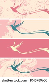 Set of vector banners or cards with decorative Hummingbird silhouette on abstract backgrounds with splashes, flowers, streaks and stains