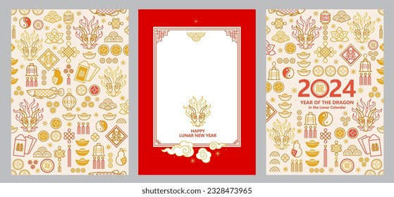 Set of vector banners, cards with line art illustration of the Dragon Zodiac sign, Symbol of 2024 in the Chinese Lunar calendar. Wood Dragon, Chine Calendar. Chinese illustration. Translate: Dragon