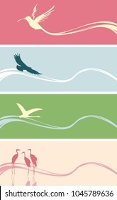 Set of vector banners or cards with silhouettes of various birds on abstract backgrounds with waves
