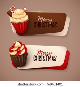 Set of vector banners with Christmas cupcakes