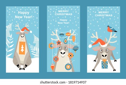 Set of vector banners for Christmas and New Year with funny reindeer with gifts and Christmas decorations. Cartoon character in flat style