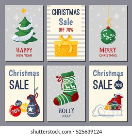 Set of vector banners for Christmas and New Year sales promotion. Fur tree, ornaments and gifts