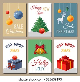 Set of vector banners for Christmas sales promotions. Christmas tree, ornaments and gifts
