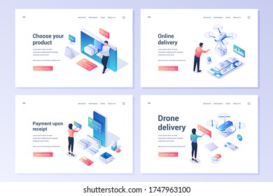 Set of vector banners with contemporary people using online shops and delivery services to order goods near links and description