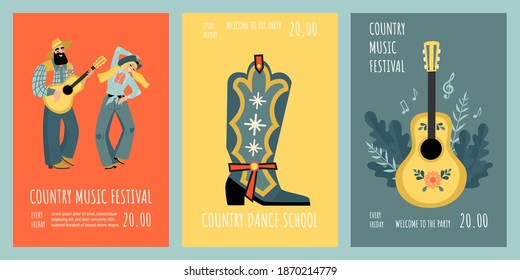 Set of vector banners for country music and dance festival with funny couple, guitar and cowboy boot. Cartoon illustrations in flat style