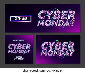 Set of vector banners for Cyber Monday marketing events. Design templates with typography, promo text and glitch effect for digital campaign