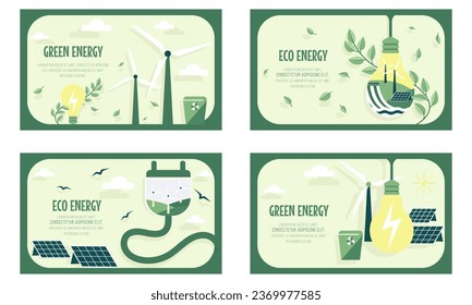 Set of vector banners depicting green energy sources. Environmental protection concept, renewable energy. Background illustration for poster, cover.