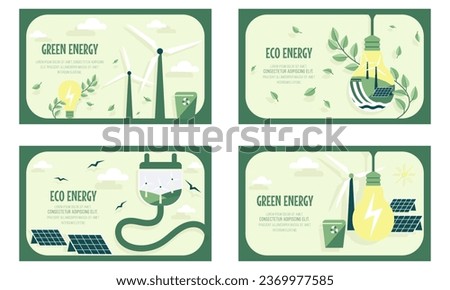 Set of vector banners depicting green energy sources. Environmental protection concept, renewable energy. Background illustration for poster, cover.