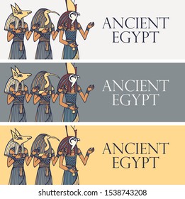 Set of vector banners with Egyptian gods and deities - Anubis, Thoth, Horus. Advertising posters or flyers for travel agency with words Ancient Egypt.