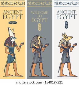 Set of vector banners with Egyptian gods and deities - Horus, Thoth, Anubis, . Advertising posters or flyers for travel agency with Egyptian hieroglyphs and words Ancient Egypt.