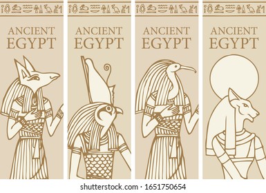 Set of vector banners with Egyptian gods - Horus, Thoth, Anubis, goddess Bastet. Advertising posters or flyers for travel agency with Egyptian hieroglyphs and inscription Ancient Egypt.