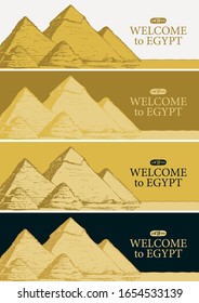 Banderas vectoriales con las famosas pirámides egipcias y las palabras Bienvenidos a Egipto. Punto de referencia del antiguo Egipto. Cartel publicitario o volante para una agencia de viajes con una ilustración hecha a mano