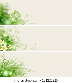 Set of vector banners with flowers and green leaves