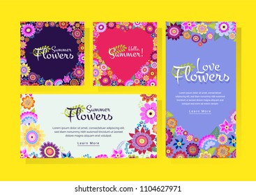 Set of Vector Banners with Flowers and Text. Hand drawn elements, cartoon doodle style. Summer Flowers, Love Flowers, Hello Summer Header. Useful layout for graphic promo banner, newsletters, shop ads