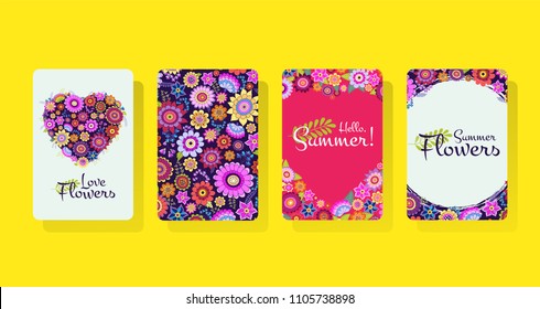 Set of Vector Banners with Flowers and Text. Hand drawn elements, cartoon doodle style. Summer Flowers, Love Flowers, Hello Summer Header. Useful layout for graphic promo banner, newsletters, shop ads