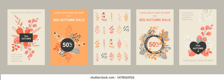 Set of vector banners or flyers for autumn sale with flowers and leaves. Collection of plant elements for design.