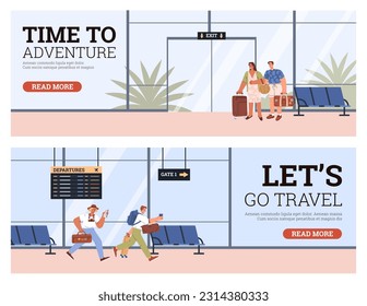 Set of vector banners, flyers of people at the airport, rushing to the flight to the plane, waiting for boarding, arrived at the destination. Illustration of disproportionate line art characters