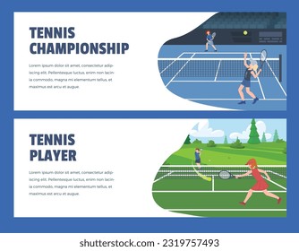 Set von Vektorbannern, Flyer von Menschen, Frauen, Männer spielen auf dem Tennisplatz, professionelle Schule. Konzept der Illustrationen Tennis-Champion-Chip, Turnier im flachen Design auf weißem Hintergrund