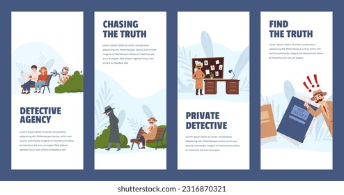 Set of vector banners, flyers private detective agency. Man with mustache looking through magnifying glass, sneaking, spying, solving crime. Cartoon police agent character and spy