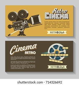 Set of vector banners, flyers. Retro cinema. Vintage movie camera and film reel, vector logos.