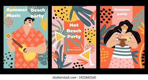 Set of vector banners or flyers for summer beach party with young woman with cocktail and man with ukulele. Cartoon characters in flat style