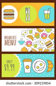 Set of vector banners with food background. Menu design for cafe, restaurant. Flat illustration of tea, coffee, juice, sandwich, fried egg, burger, croissant, donut, cupcake. 