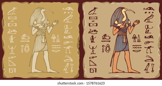 Set of vector banners in the form of ceramic tiles with God Thoth with hieroglyphs. The Ancient Egyptian god of Moon, Writing, Wisdom with head of Ibis. Advertising posters or flyers for travel Agency