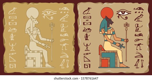 Set of vector banners in the form of ceramic tiles with goddess Bastet and hieroglyphs. The Ancient Egyptian goddess of joy and love with a cat head. Advertising posters or flyers for travel Agency