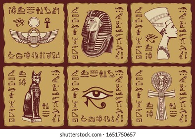 Set of vector banners in the form of ceramic tiles with hieroglyphs and illustrations on the theme of Ancient Egypt. The Egyptian symbols and mascots. Advertising posters or flyers for travel Agencies