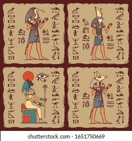 Set of vector banners in the form of ceramic tiles with Egyptian gods and hieroglyphs. Colored illustrations on the theme of Ancient Egypt. Advertising posters or flyers for travel Agencies