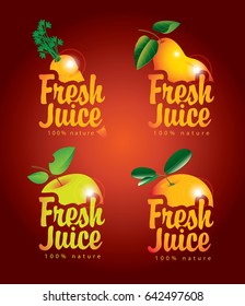 set of vector banners for fresh juices with pictures of carrot, pear, apple, orange and inscriptions on a red background