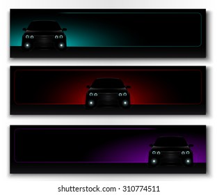 Set of vector banners with frontal view car.
