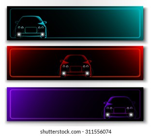 Set of vector banners with frontal view cars. 