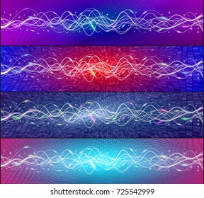 A set of vector banners from futuristic high-tech communication technology of data transfer from wave oscillations. Dynamic moving flows of abstract light flashes and wavy lines on colored backgrounds