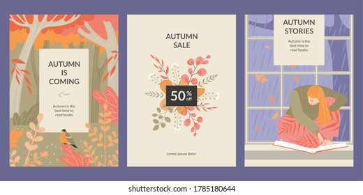 Set of vector banners with a girl reading a book, autumn forest and a bouquet of leaves. Autumn is the best time to read books. Illustrations in flat style