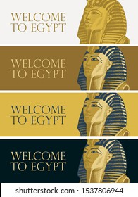 Set of vector banners with Golden mask of Egiptian pharaoh Tutankhamun. Advertising poster or flyer for travel agency with words Welcome to Egypt. Pharaoh of ancient Egypt