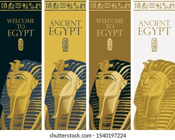 Set of vector banners with Golden mask of pharaoh Tutankhamun and Egyptian hieroglyphs. Advertising poster or flyer for travel agency with words Ancient Egypt. Pharaoh of ancient Egypt