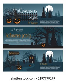 Set Vector banners Halloween Party . Scary pumpkin on cemetery 