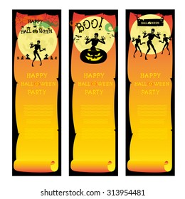 Set vector banners Halloween party with design elements: pumpkins, spider, bats, zombie and moon on gradient orange background