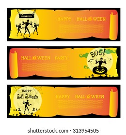 Set vector banners Halloween party with design elements: pumpkins, spider, bats, zombie and moon on gradient orange background