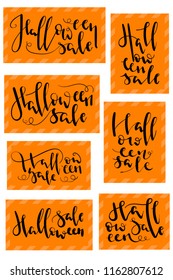 Set of vector banners for Halloween with signs "Halloween sale" on orange background. Tags with hand lettering 