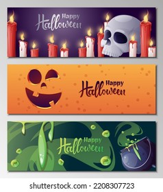 Set of vector banners for Halloween. Witch's cauldron, scary pumpkins, broom, skull, candles. Illustration for greeting cards, invitations, banners, posters