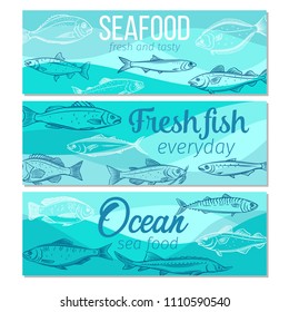 Set vector banners hand drawn fish. Seafood design with salmon, anchovy, codfish, sea bass, ocean perch and sardine. Sketch mackerel, herring, dorado, tuna, halibut, tilapia and trout.