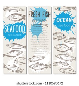 Set vector banners hand drawn fish. Seafood design with salmon, anchovy, codfish, sea bass, ocean perch and sardine. Sketch mackerel, herring, dorado, tuna, halibut, tilapia and trout.